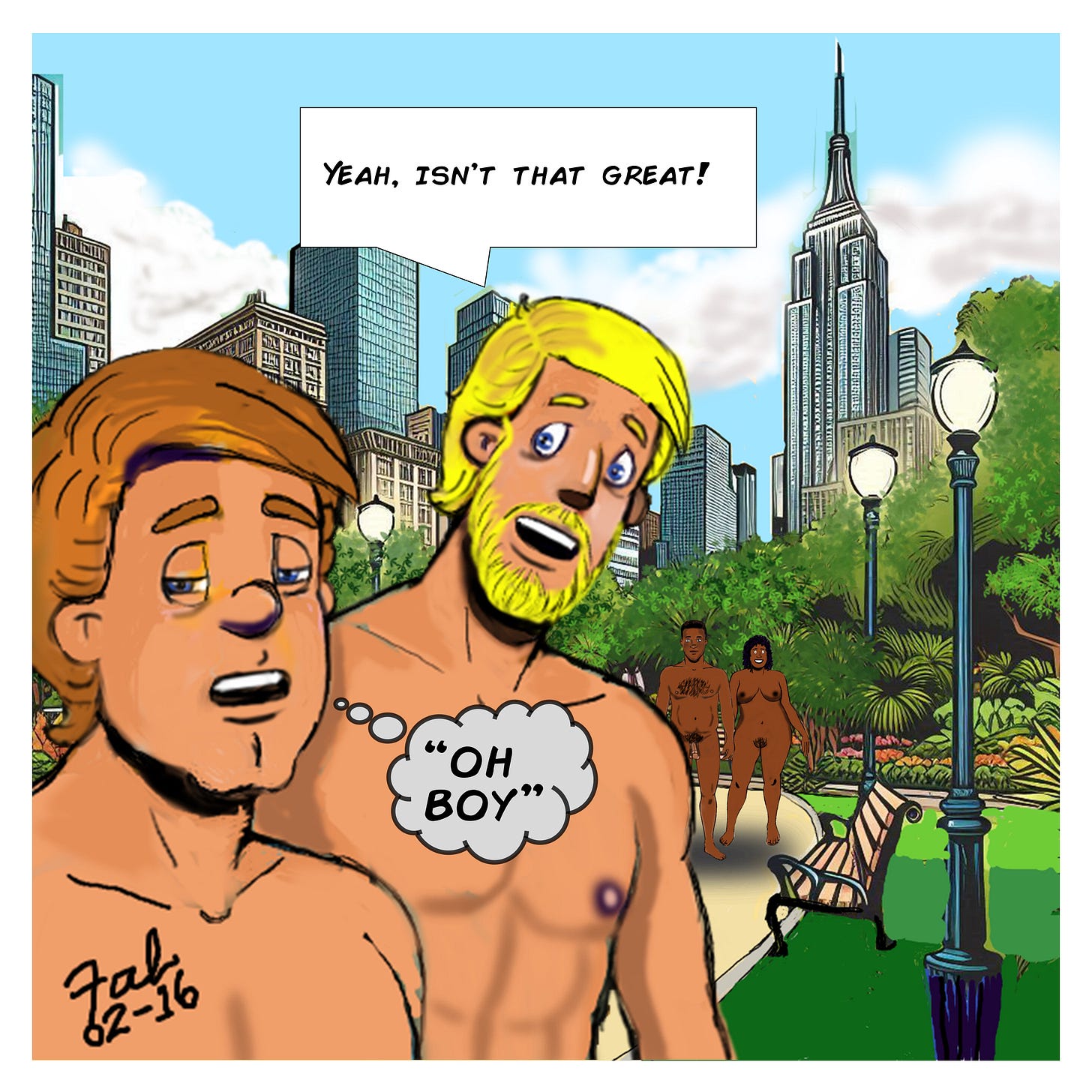 Panel 4: Dan, still smiling, replies, "Yeah, isn’t that great!" Johnny, looking exasperated, mutters "Oh boy" in a thought bubble. In the background, more nude residents enjoy the park.