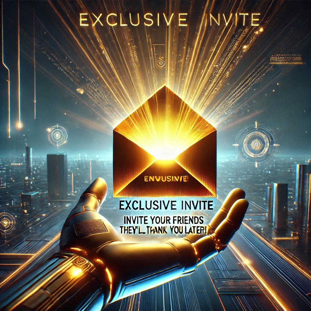 A futuristic hand offering a glowing golden envelope, symbolizing an 'exclusive invite' to something extraordinary. The envelope radiates an ethereal glow with futuristic, high-tech patterns. In the background, there is a sleek, futuristic city skyline with digital elements to signify innovation and disruption. On the envelope, text appears saying 'Invite your friends - They'll thank you later!' in sleek, modern typography. The overall scene feels modern and enticing, with a sense of mystery and exclusivity.