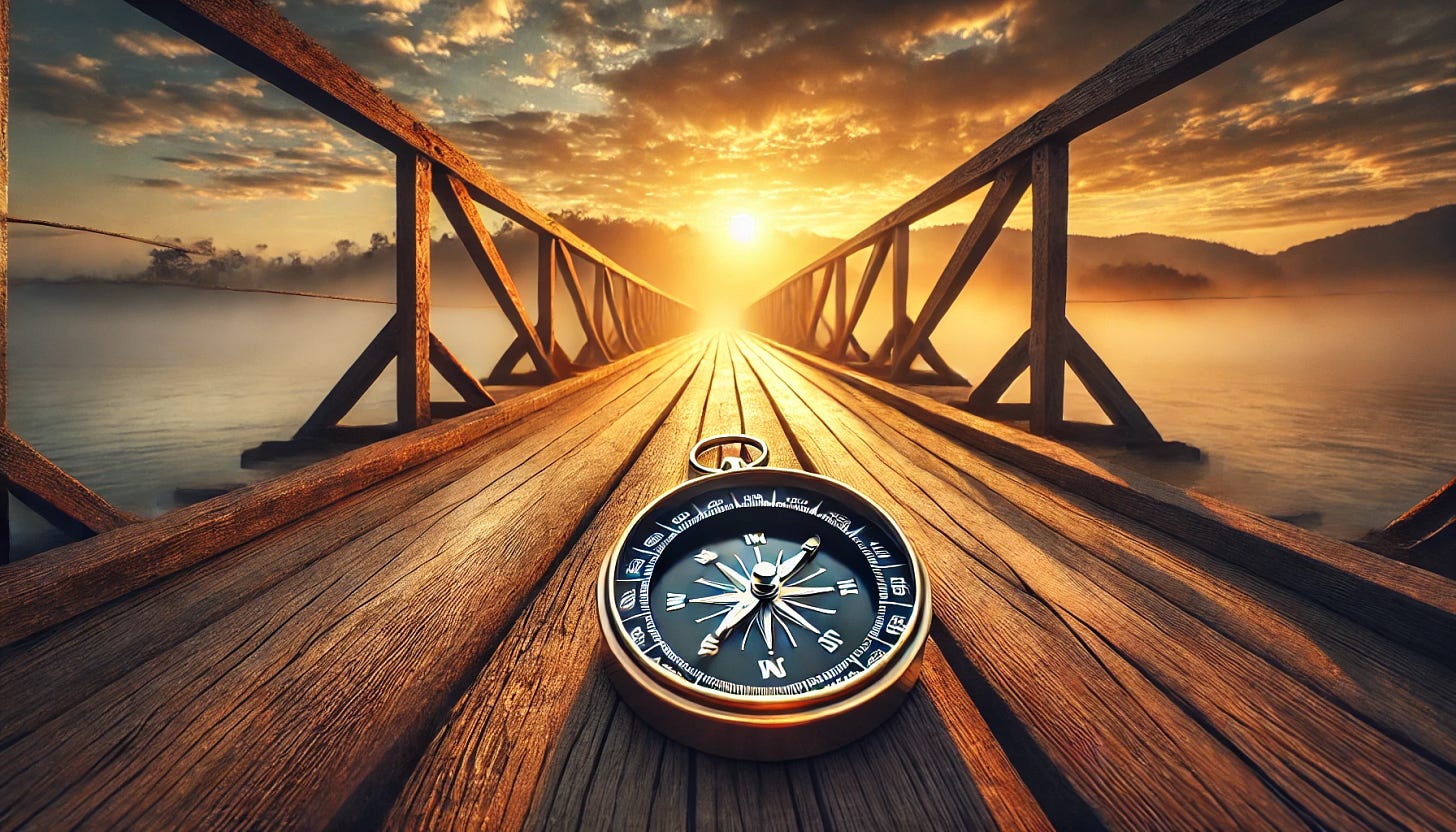A wide-format image of a compass placed on a wooden bridge, with a beautiful sunrise in the distance. The sun casts golden and orange hues across the sky, reflecting on the bridge's surface. The bridge extends into the horizon, surrounded by a misty, tranquil landscape. The compass is detailed, with a metallic finish, and its needle points forward, symbolizing direction and guidance.