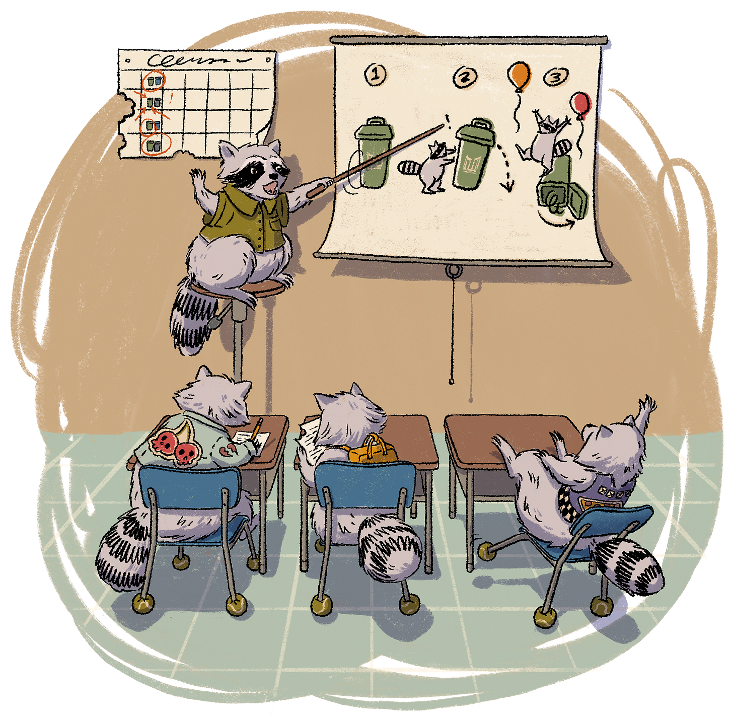 Several raccoons sit in a classroom while another raccoon teaches them how to overturn green bins