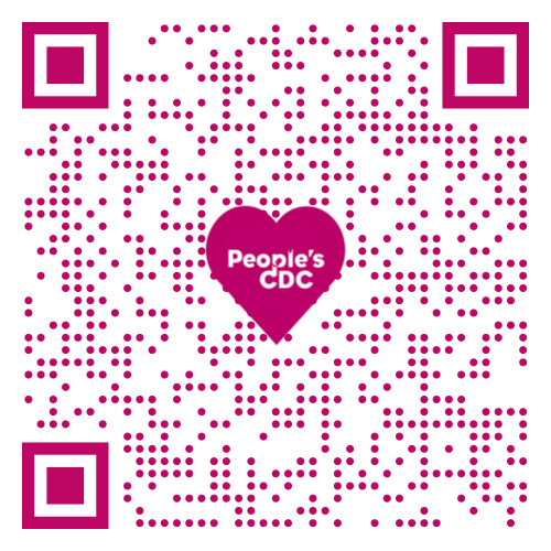 QR CODE for People’s CDC Keep Masks In Healthcare letter, the QR code has a heart shaped People’s CDC logo in the center
