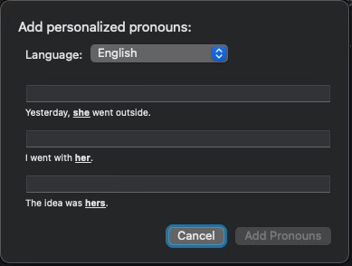 Screenshot of the personalized pronouns window within the Contacts app running on Dark Mode in macOS 14.4 Ventura.