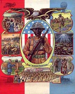 A brightly coloured illustrated poster for the film "Our Colored Soldiers". The centre picture depicts a black American soldier. Surrounding pictures show the heroic actions of the soldiers from embarkation to battle.
