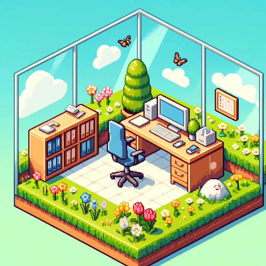 An isometric pixel art illustration of an office room situated on a spring grassland. The office features typical elements such as a desk with a computer, a swivel chair, and bookshelves, all crafted in detailed pixel style. The walls of the office are transparent or missing to offer a clear view inside. The surrounding landscape includes vibrant green grass, colorful wildflowers like tulips and daisies, and a few butterflies hovering around. The sky is bright with fluffy pixel clouds, enhancing the springtime setting.