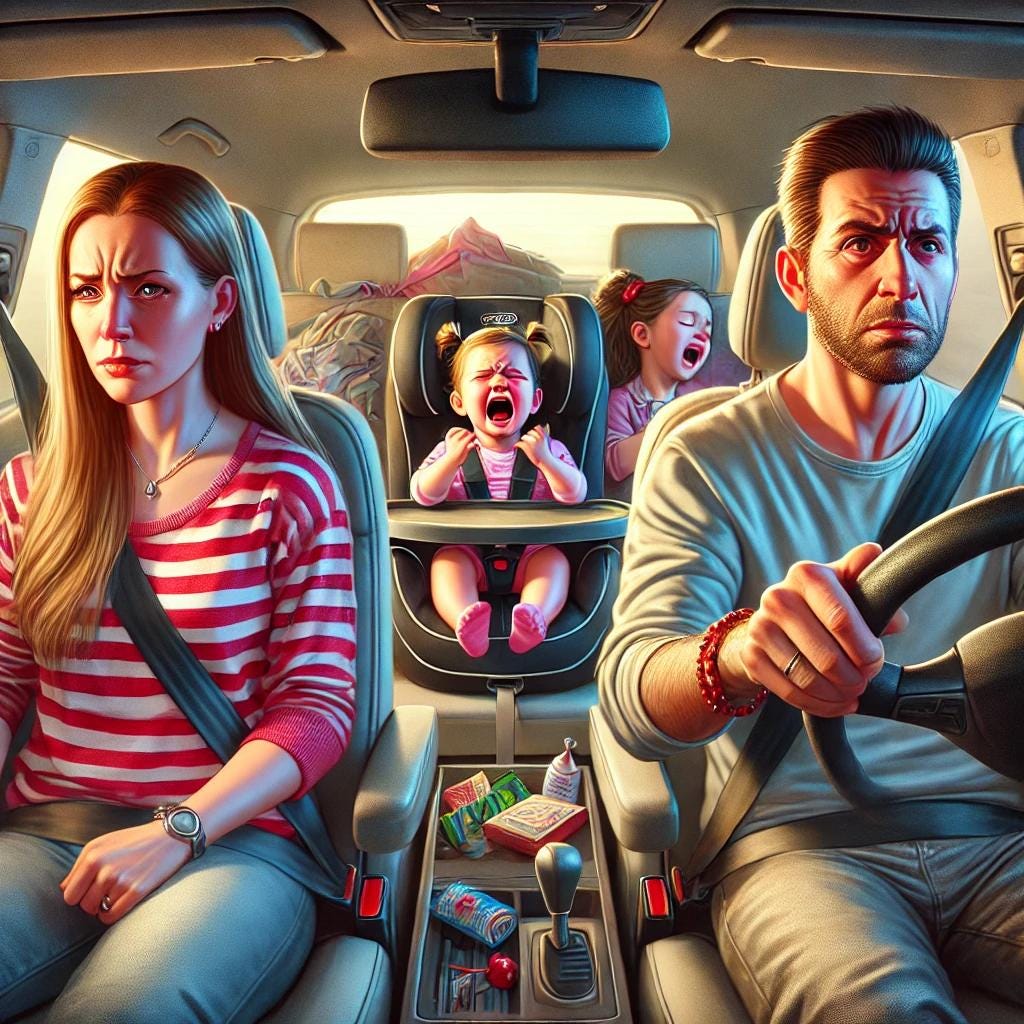 Two parents driving in a car looking stressed while their kids cry in the backseat.
