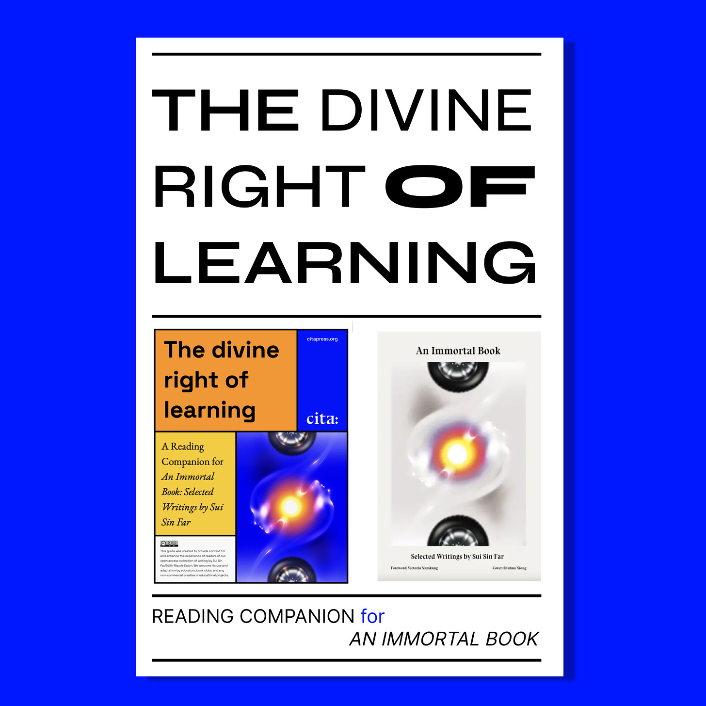 THE DIVINE RIGHT OF LEARNING. READING COMPANION for  AN IMMORTAL BOOK. Images: The book cover and the reading guide cover, both featuring an illustration of two silhouettes in profile circling a glowing orb and framed by tires. 