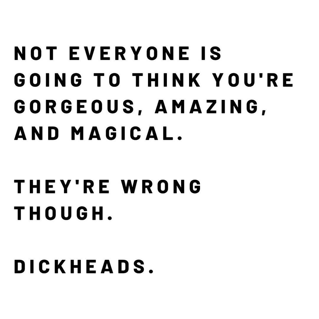 Image shows text: First line says: Not everyone is going to think you’re gorgeous, amazing and magical. Second line: They’re wrong though. And the last line: Dickheads.