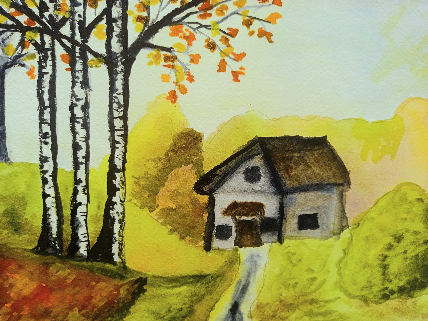 A fall-themed watercolor painting by Gaelynn Lea depicting a house and some birch trees. Again, I never know what picture to include!