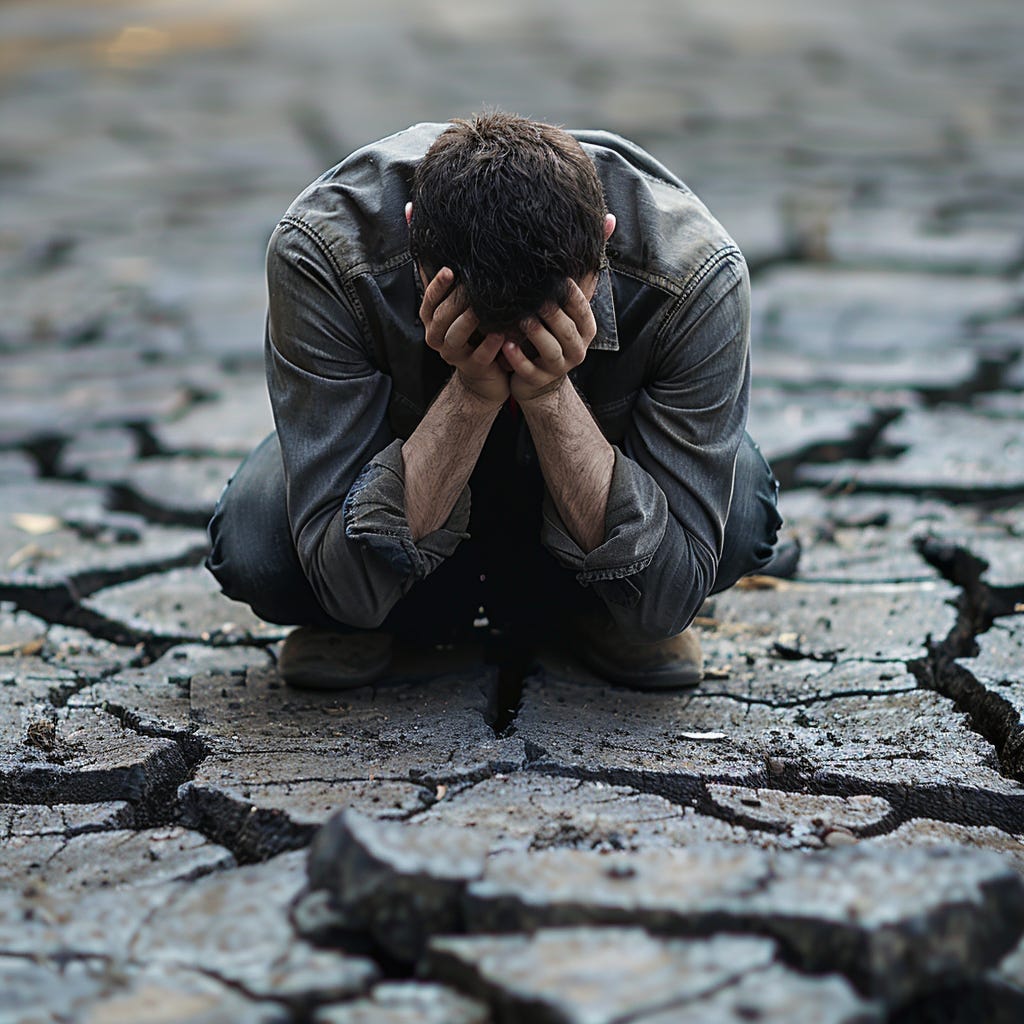 A man crouching on cracked, dry ground with his head in his hands, appearing distressed and overwhelmed. The scene conveys a deep sense of despair and hardship.