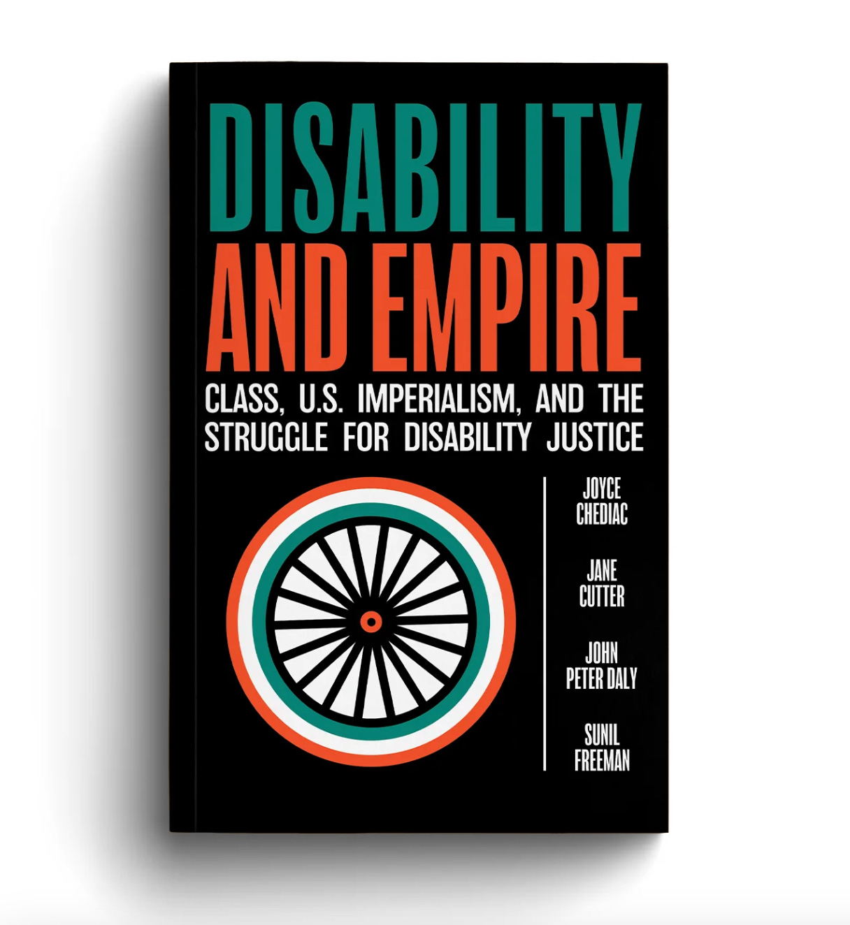 The cover of a book has an image of a wheel in black, white, orange, and teal. The text below is also in these colors.