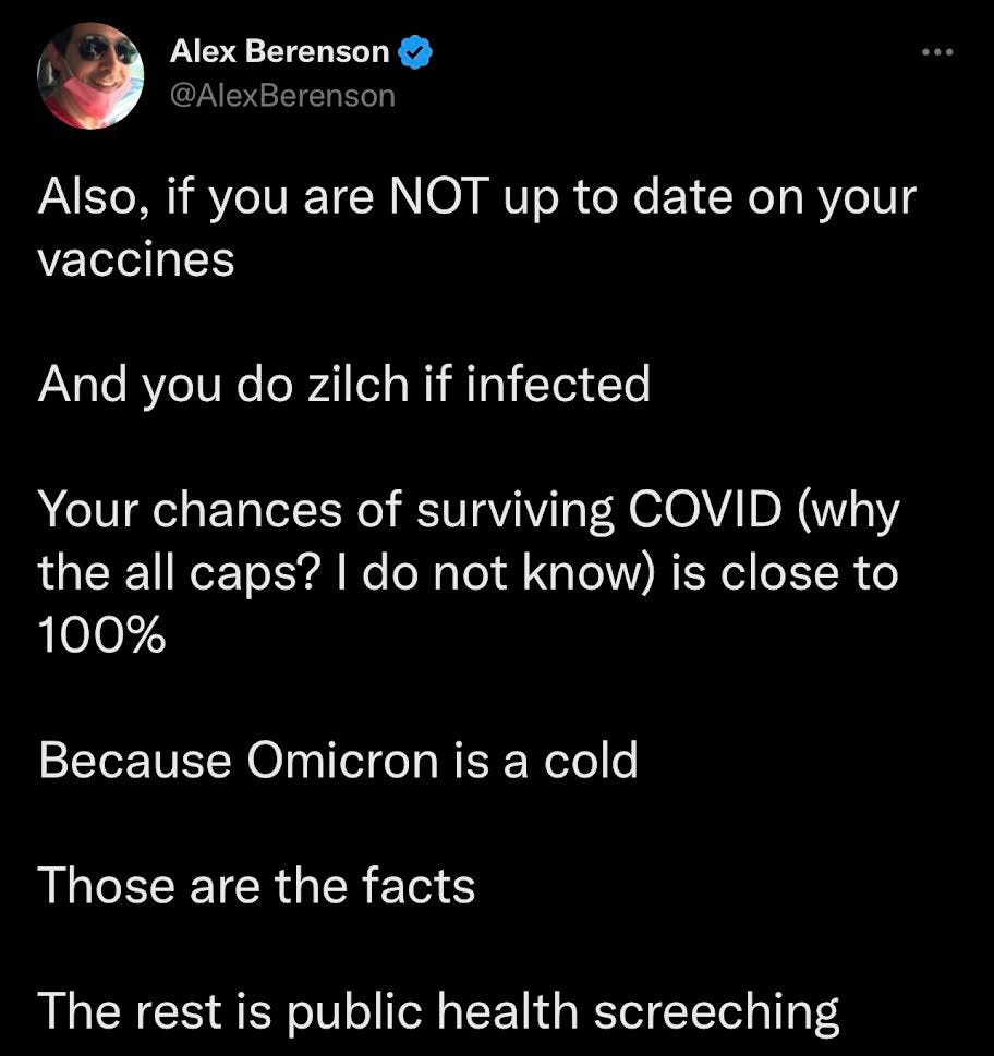 rightoid Alex Berenson claims COVID is "a cold." Berenson is not a medical expert in any fashion.