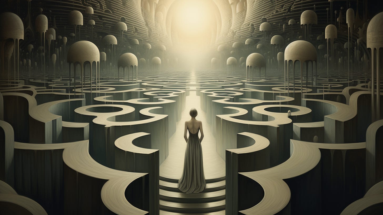 A lady in a dress standing in the start of maze in a tunnel