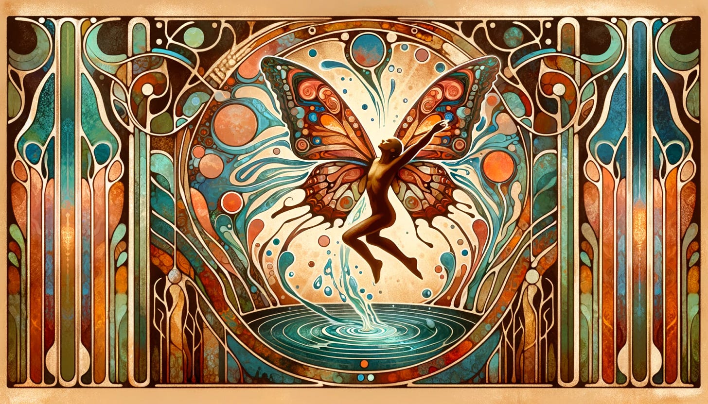 Create a wide aspect ratio image with an Art Nouveau-inspired psychedelic collage of a person dancing, the movement of their body sprouting butterfly wings. The dancer should have earthy skin tones, and their dance should send ripples of impact spreading through a watery-like substance around them, touching an intricate web of life that frames the edge of the canvas. The border should contain earthy forest tones, with abstract shapes and patterns that hold the edges of the image, embodying the interconnectedness of all beings within the natural world.