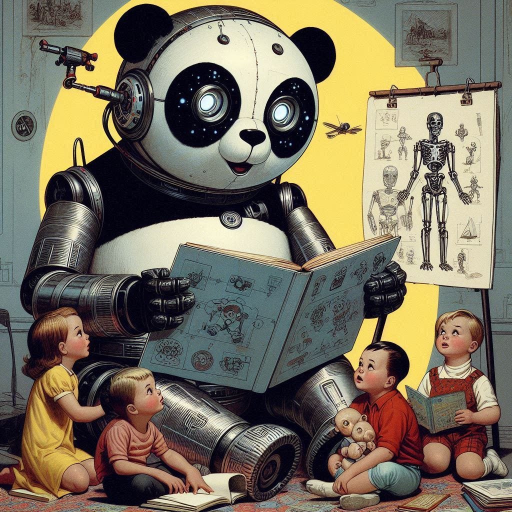 panda robot reading a book to a few toddlers, 70s sci-fi drawing