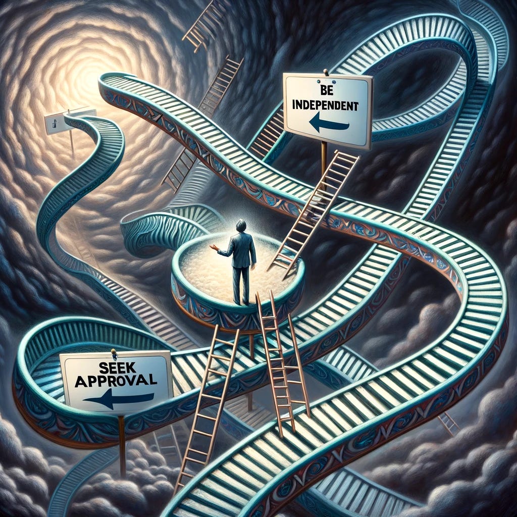 Illustrate the concept of the double bind theory as a paradox. The image should depict a surreal scene where an individual is trying to climb two ladders at the same time, each ladder leading in opposite directions. One ladder represents the command 'Be Independent', and the other represents 'Seek Approval'. The ladders twist and merge into a Mobius strip, symbolizing the endless and irresolvable nature of the double bind paradox. The individual, caught in the middle, embodies the struggle to comply with mutually exclusive demands. The background is an abstract representation of a chaotic and confusing world, emphasizing the psychological turmoil faced by those trapped in a double bind.