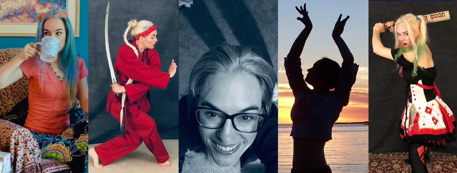 A row of blocks showing the author in a variety of modes: drinking coffee in cat ears over her turquoise hair. Now blonde in a red martial arts go, wielding a sword. Dorking up at you in glasses. In silhouette, dancing before the sunset over the ocean. Threat-snarking at you with Harley Quinn's Goodnight bat.