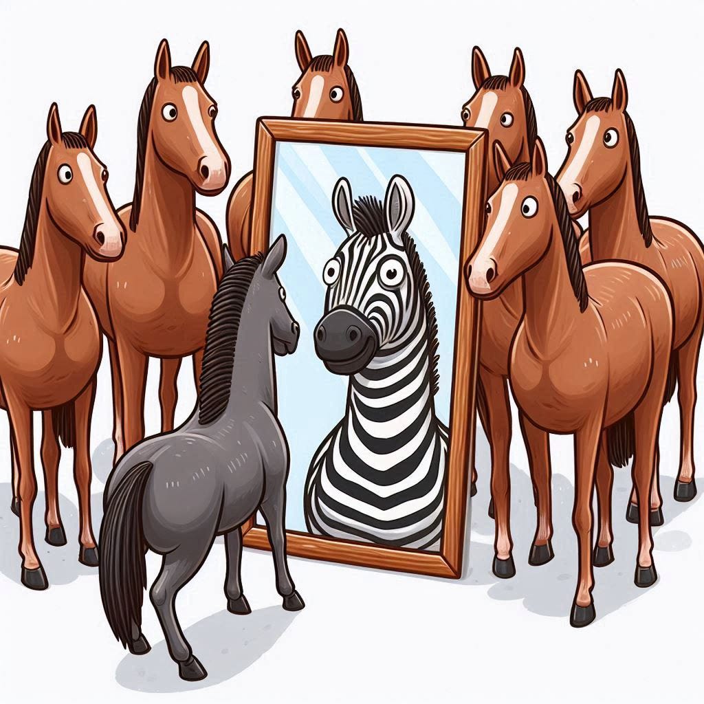 A grayscale coloured horse in a larger group of brown horses looks in the mirror and sees a zebra looking back at him