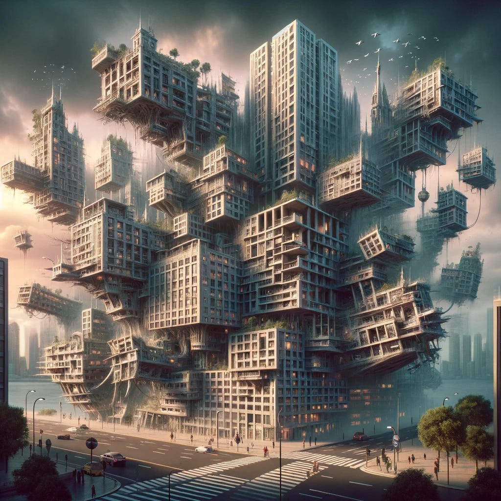 A surreal and dystopian image showing a cityscape with buildings collapsing in bizarre ways, following the AI-generated blueprints that defy physics. The buildings should have impossible structures, like twisted towers, floating sections, and nonsensical additions, creating a chaotic and eerie scene. The atmosphere is that of a disaster movie, with people in the streets looking shocked and confused as the surreal architecture of their homes crumbles around them.