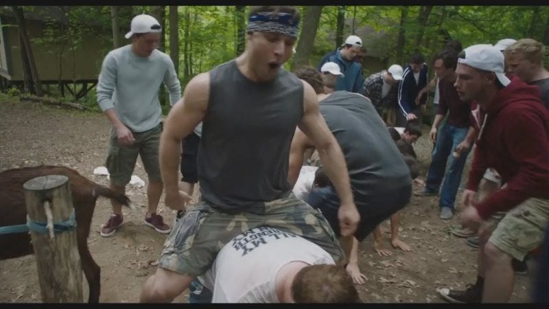 goat movie frat guy riding bare on guys back