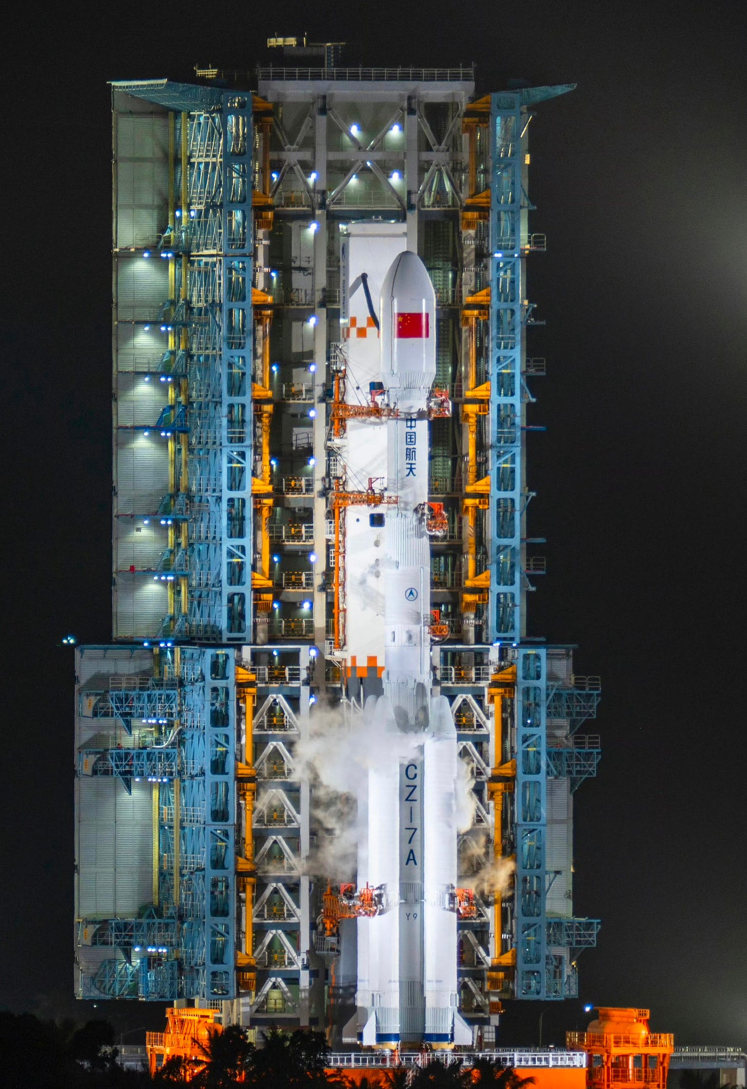 The Long March 7A Y9 vehicle at LC-201 ahead of launch from the Wenchang Space Launch Site.