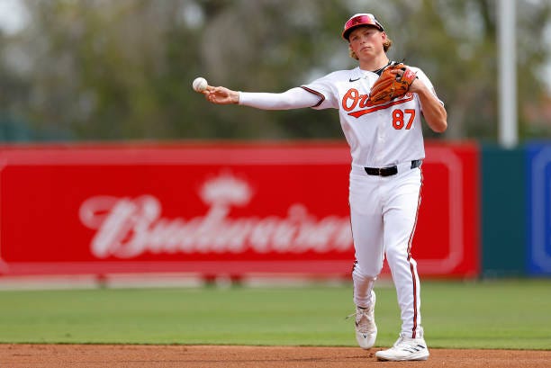 Jackson Holliday of the Baltimore Orioles warms up during a spring training game against the Pittsburgh Pirates at Ed Smith Stadium on February 29,...