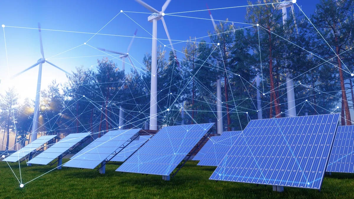 Image of solar panels and wind turbines with a digital network overlay.