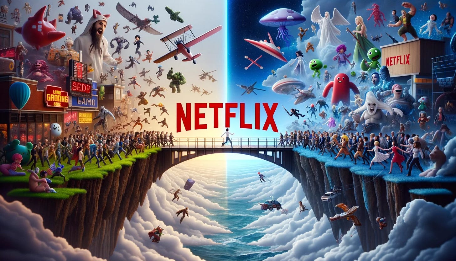 Render of a dynamic gaming universe, where characters from both casual and high-end games coexist. A bridge connects the two worlds, symbolizing Netflix's journey into the gaming realm. The background is a mix of pixelated clouds and realistic skies, showing the contrast.