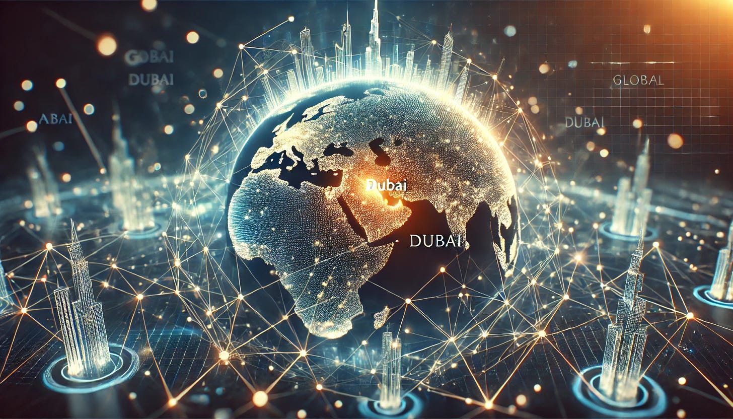 A visual representation of a global data network symbolizing the role of Dubai in global AI. The image features connected lines and futuristic elements, with a focus on Dubai as a central hub. The design includes glowing lines, dots, and wireframe mesh polygons, creating an abstract and high-tech appearance. The overall theme is modern and sophisticated, emphasizing Dubai's prominence in AI technology. The image is in a 16:9 aspect ratio, highlighting the widescreen format.