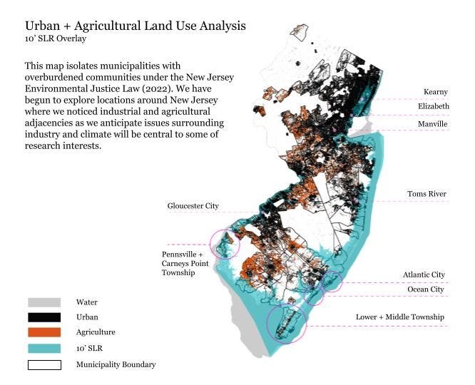 This map isolates municipalities with overburdened communities under the New Jersey Environmental Justice Law (2022). We have begun to explore locations around New Jersey where we noticed industrial and agricultural adjacencies as we anticipate issues surrounding industry and climate will be central to some of the research interests.