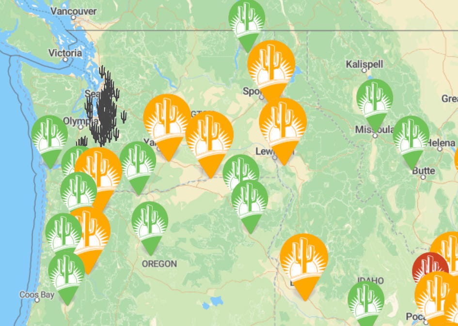 Map showing dark icons for Taco Time Northwest and colored icons for TacoTime OG.