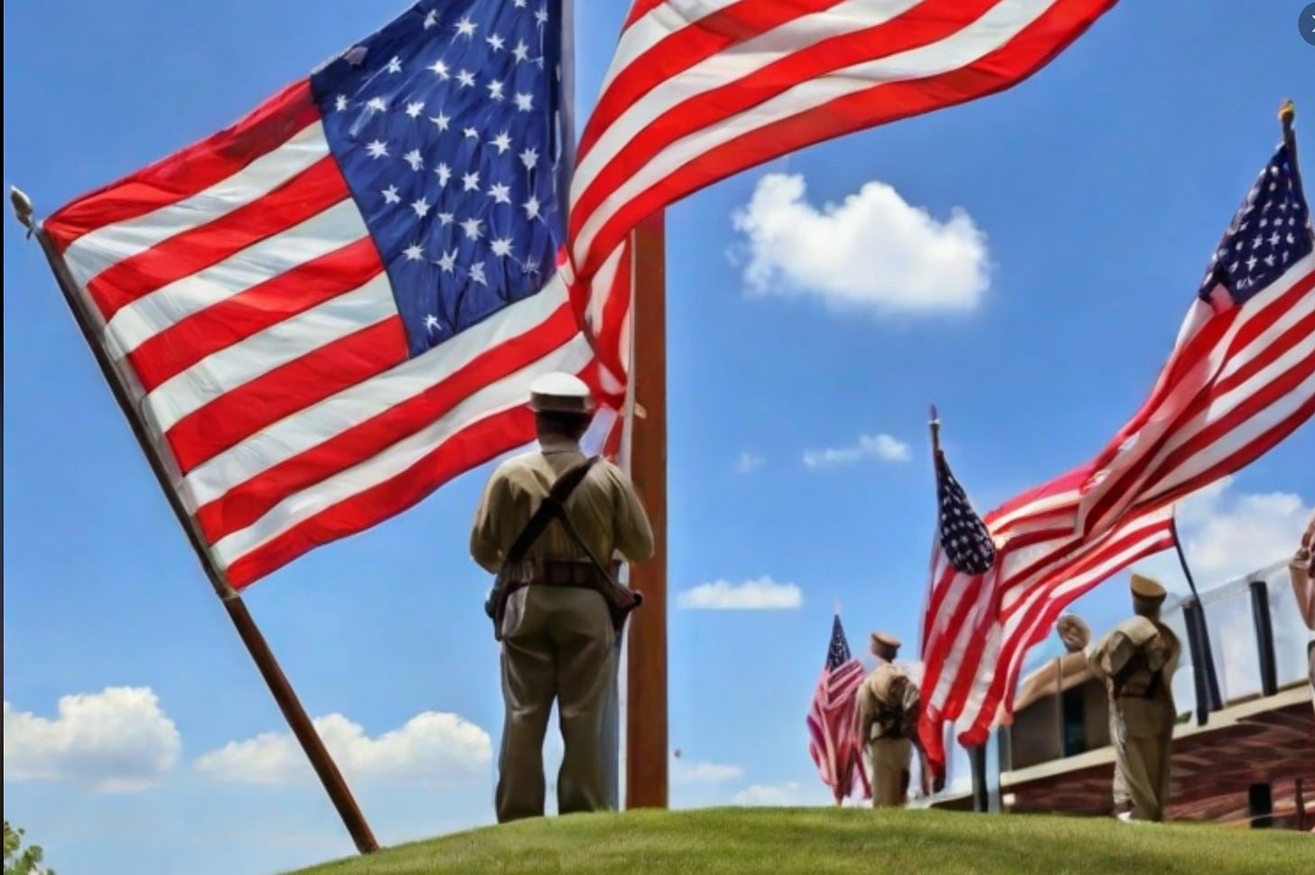 [AI generated Memorial Day flag raising ceremony.] 