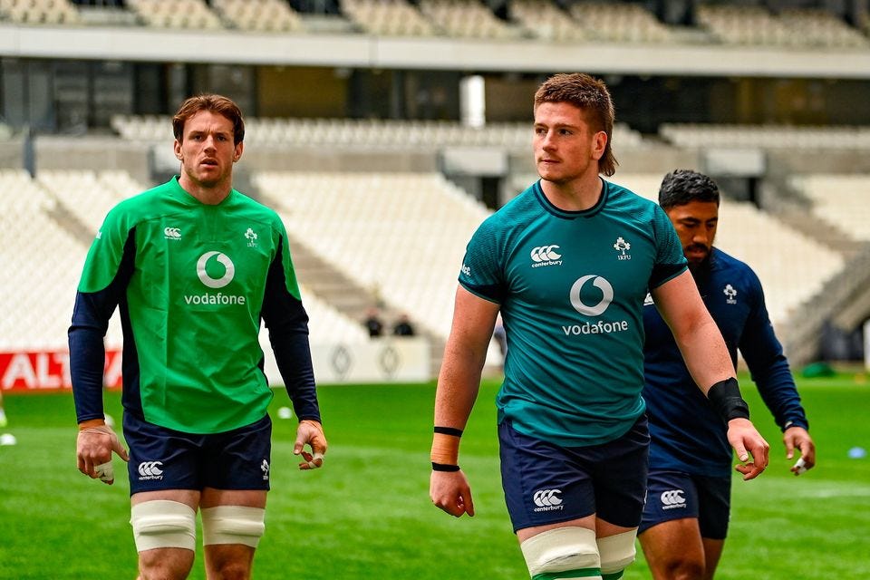 Joe McCarthy, right, and Ryan Baird during the Ireland captain's run at the Stade Velodrome in Marseilles. Photo: Harry Murphy/Sportsfile