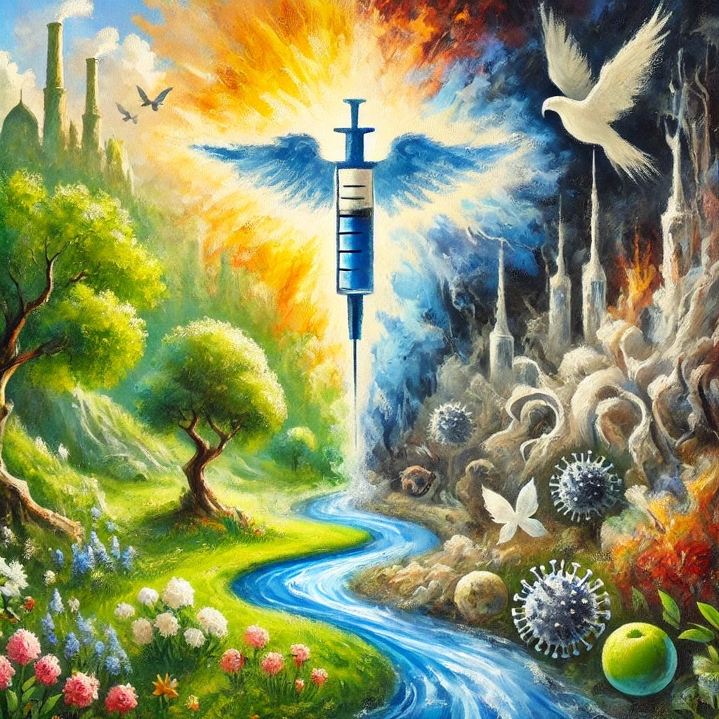 An expressive oil painting representing the concept of unvaccinated health versus chronic disease. The scene should be abstract and symbolic, featuring a split composition. One side is bright and flourishing, with lush green landscapes, blooming flowers, and flowing water, symbolizing natural health, purity, and wellness. The opposite side should be darker, more chaotic, and twisted, with abstract forms representing chronic illness, birth defects, and the influence of vaccines. Subtle imagery alluding to maternal health and autism can be incorporated into the darker side, using metaphors rather than explicit symbols. The painting should use rich, bold colors to convey both vitality and concern.