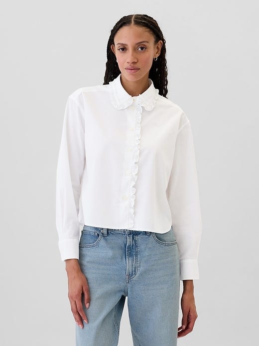 Image number 1 showing, Poplin Ruffle Cropped Shirt