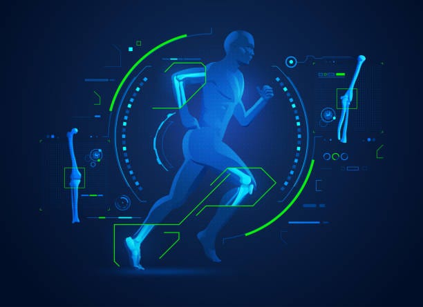 orthopedic concept of orthopedic technology or bones and joints medical treatment, graphic of running man with x-ray interface rehabilitation technologies stock illustrations