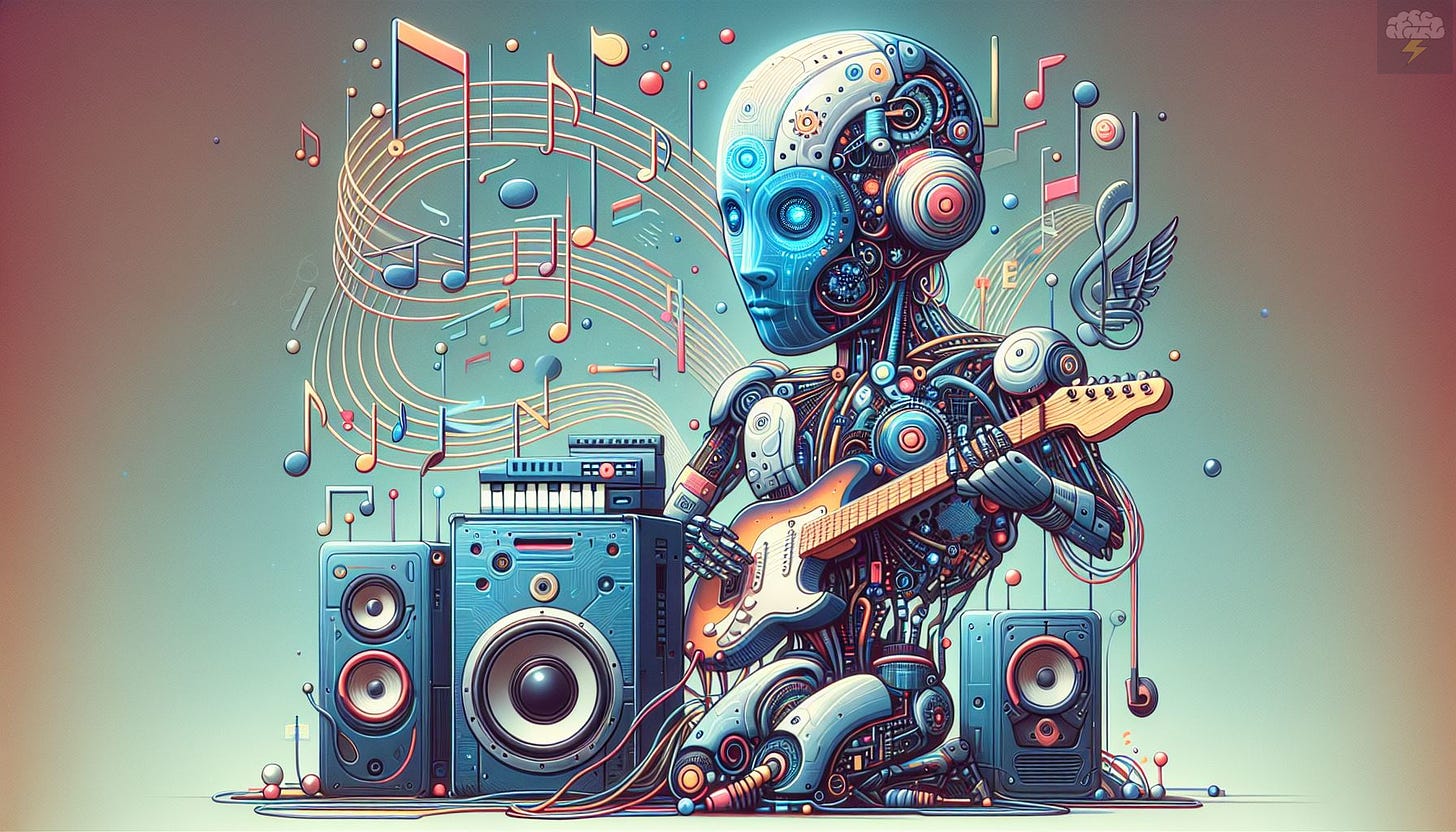 A dynamic and abstract representation of AI’s influence on the music industry, featuring a fusion of musical elements and futuristic technology. The image captures the essence of creativity and innovation, symbolizing the seamless blend of art and algorithms.