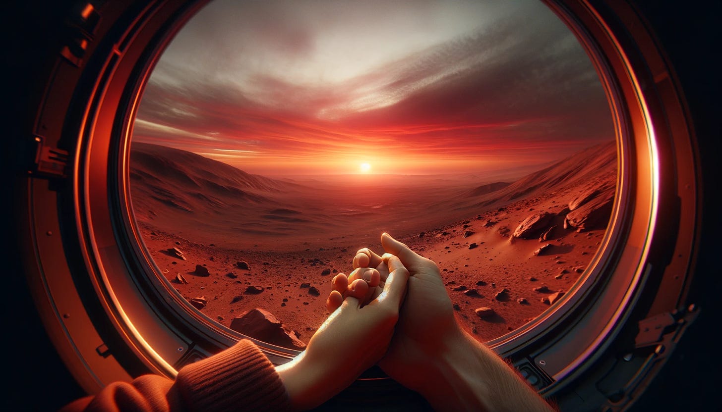 A first-person widescreen view from a woman's perspective, holding hands with a man, as they watch a romantic sunset on Mars. The wide frame captures the expansive Martian landscape, with a breathtaking red and orange sunset illuminating the sky and casting a warm, romantic glow over the rocky terrain. The man's hand is visible, intertwined with the woman's, symbolizing their shared moment. They stand on the Martian surface, perhaps near a habitat or exploration rover, surrounded by the serene and awe-inspiring environment, perfect for a romantic moment on another world.