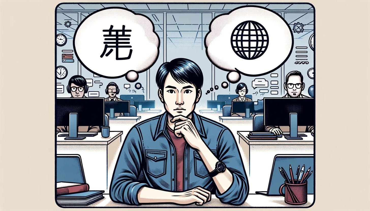 A horizontal illustration of a Chinese software engineer in an office setting, representing a language transition. The central figure is a male Chinese software engineer, appearing thoughtful and slightly puzzled. Surrounding him are empty thought bubbles, symbolizing his shift from Mandarin to English, but without any specific words or phrases. The background shows an office environment with computers and work-related items, highlighting his professional context. The image should convey the contemplative nature of adapting to a new language in the context of work, with a focus on the engineer's expression and the empty thought bubbles.