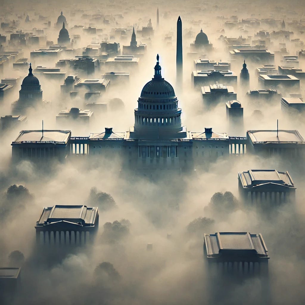 A surreal and symbolic illustration of Washington, D.C., shrouded in thick, dense fog. The outlines of the Capitol building and other government structures are barely visible through the mist, creating a sense of secrecy and obscured power. The atmosphere is eerie and mysterious, with dim lighting and a muted color palette emphasizing themes of illusion and lack of transparency.