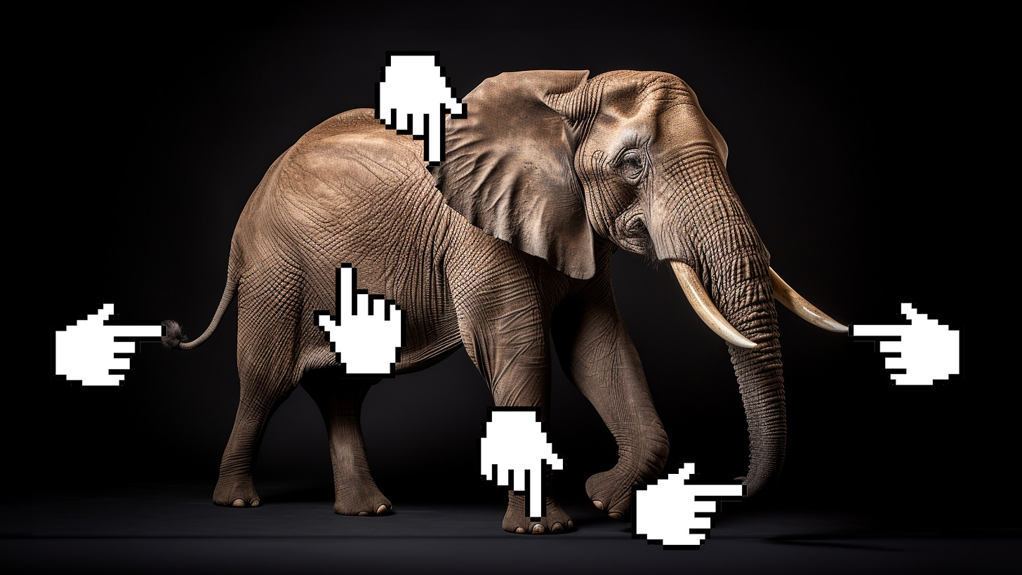 photo of an elephant with computer icon hands touching its trunk, tusk, ears, tail as in the ancient "elephant identified by blind experts" metaphor