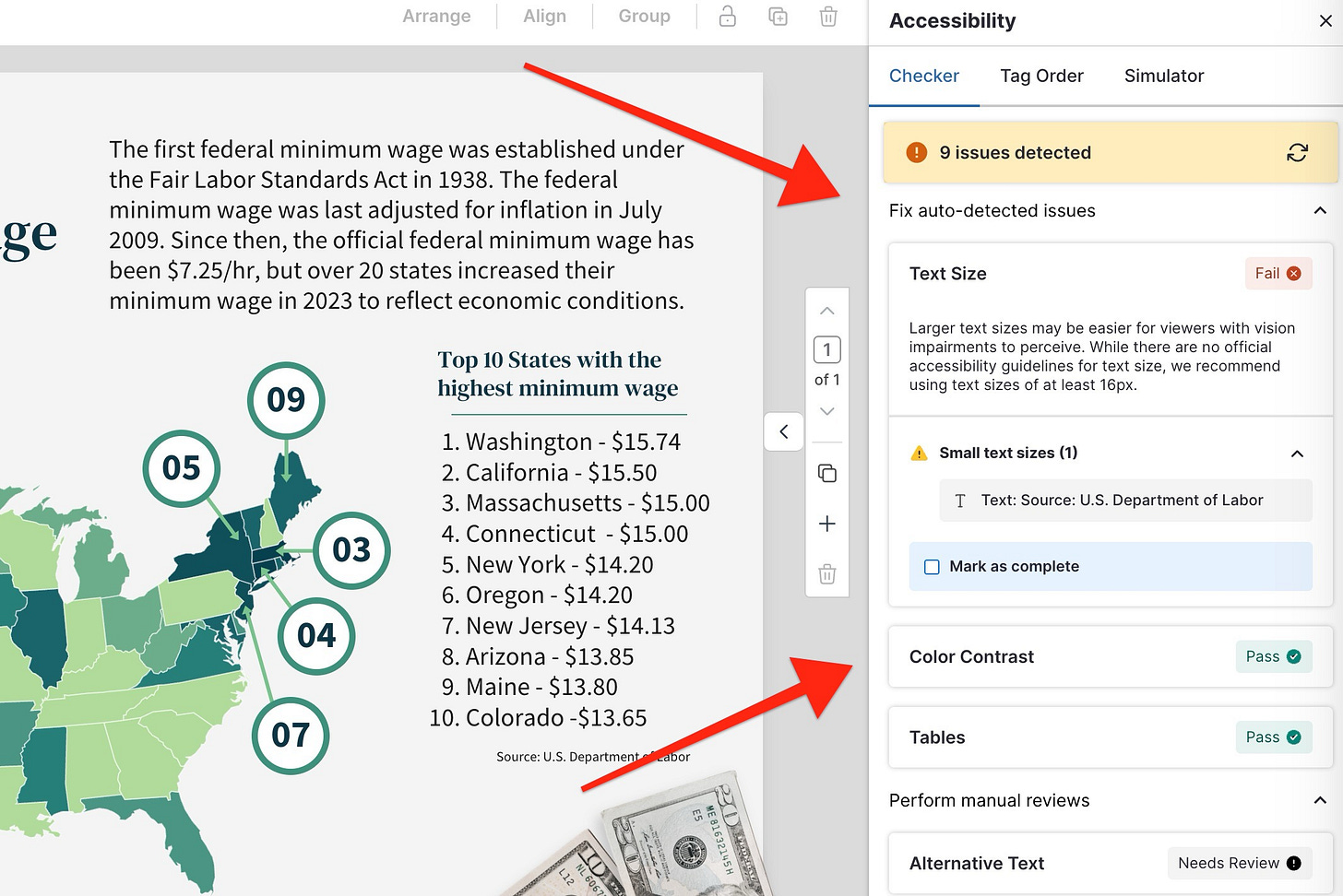 Screenshot of Venngage's accessibility checker, showing the results of a check of a graphic