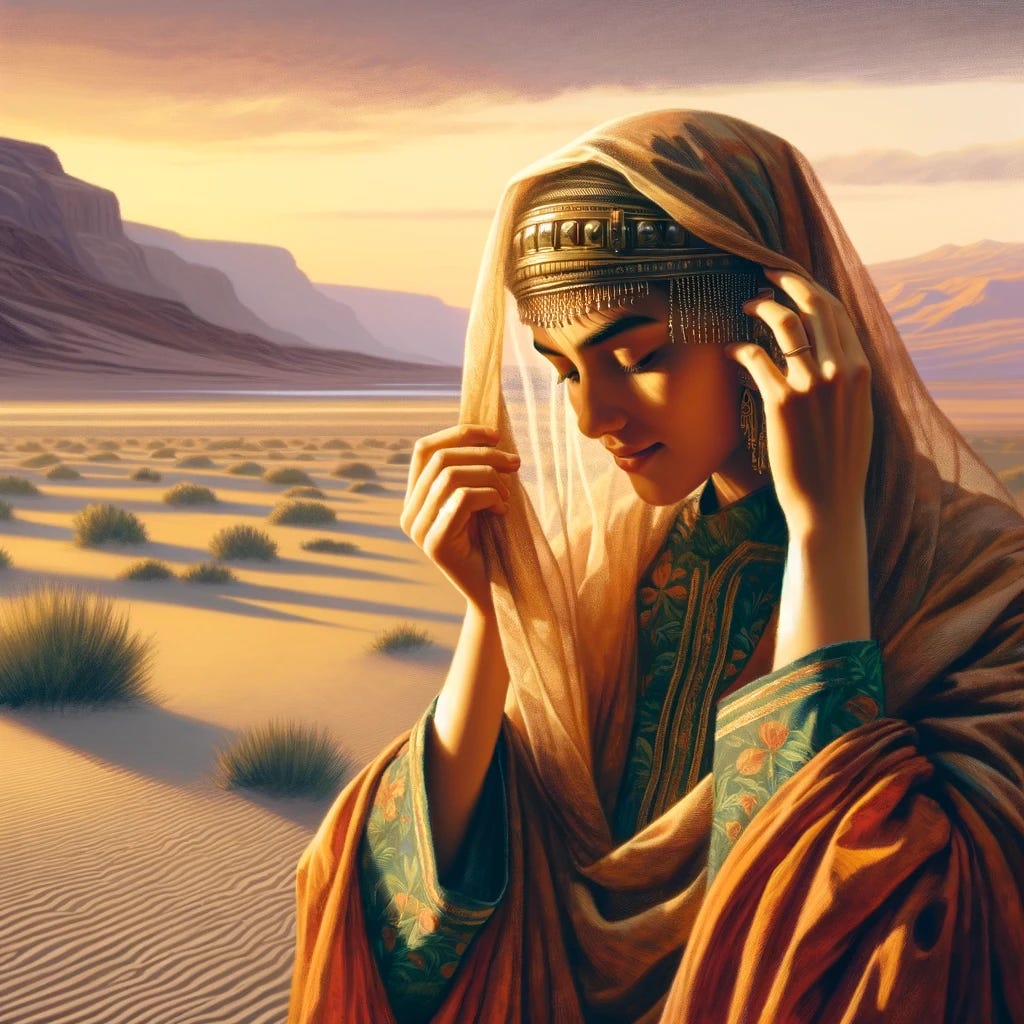 Illustrate the poignant moment when Rebekah, upon hearing that the man approaching is Isaac, decides to put on her veil in a gesture of modesty and respect. The scene captures Rebekah in a serene desert landscape, just moments before her meeting with Isaac. She is adorned in traditional attire that reflects her origin and the customs of the time, her hands delicately adjusting the veil over her face. The background suggests the vastness of the desert, with soft hues of the setting sun casting long shadows and adding to the atmosphere of anticipation. This depiction aims to convey the significance of the encounter, imbued with cultural and emotional depth, marking a pivotal moment in their story.