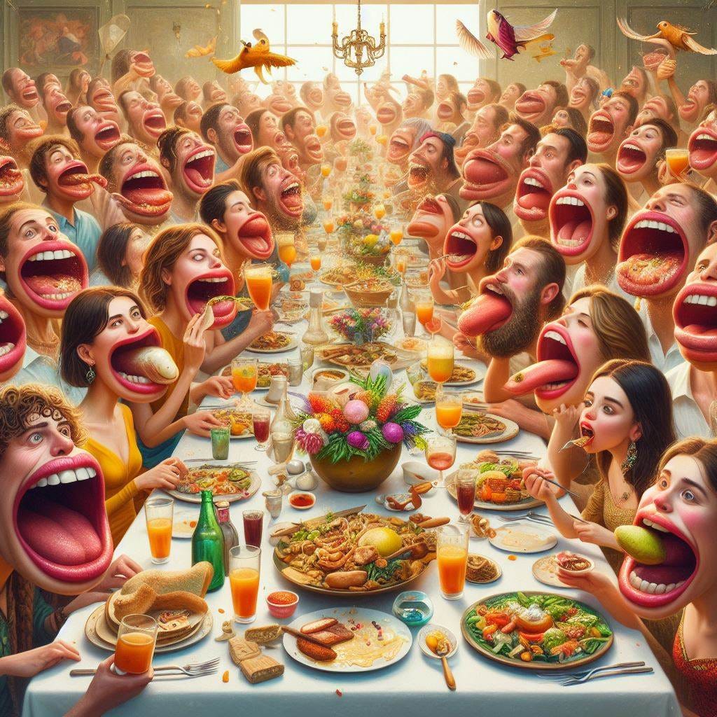 banquete; pessoas com grandes bocas comendo