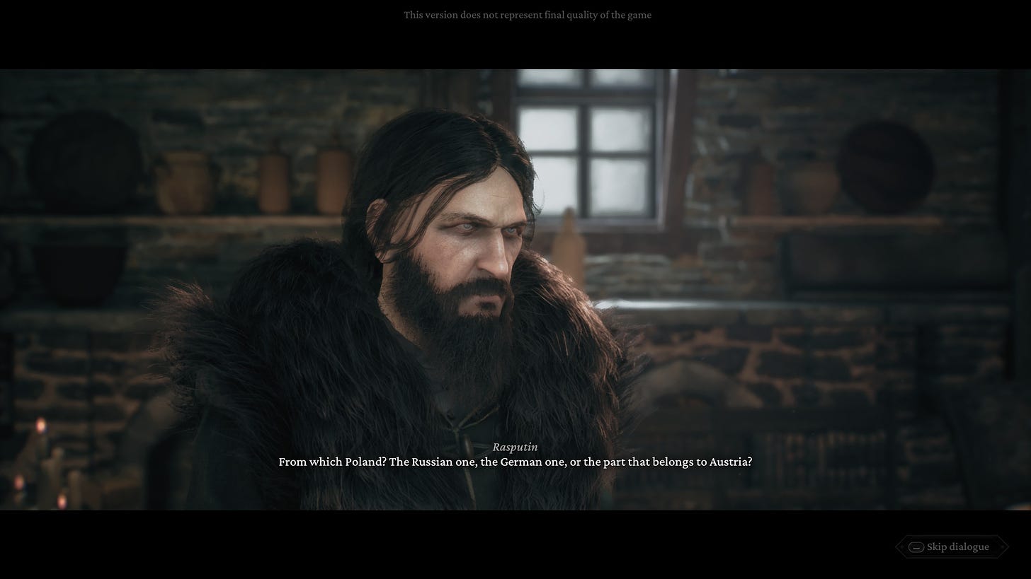 A screenshot of the game The Thaumaturge, showing a dialogue with Rasputin, the historical character.