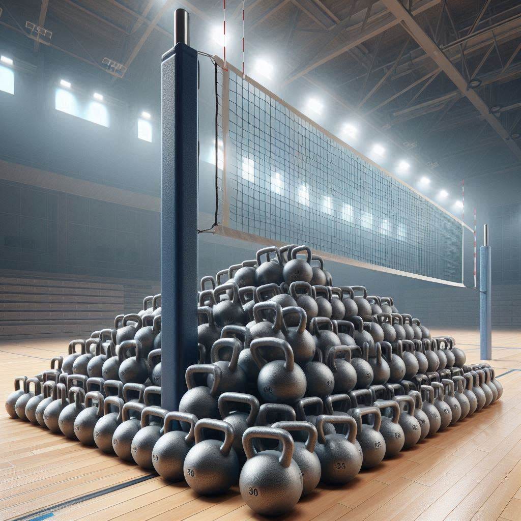 a photorealistic image of indoor volleyball posts that are weighed down with kettlebells to prevent them from tipping over instead of proper anchors