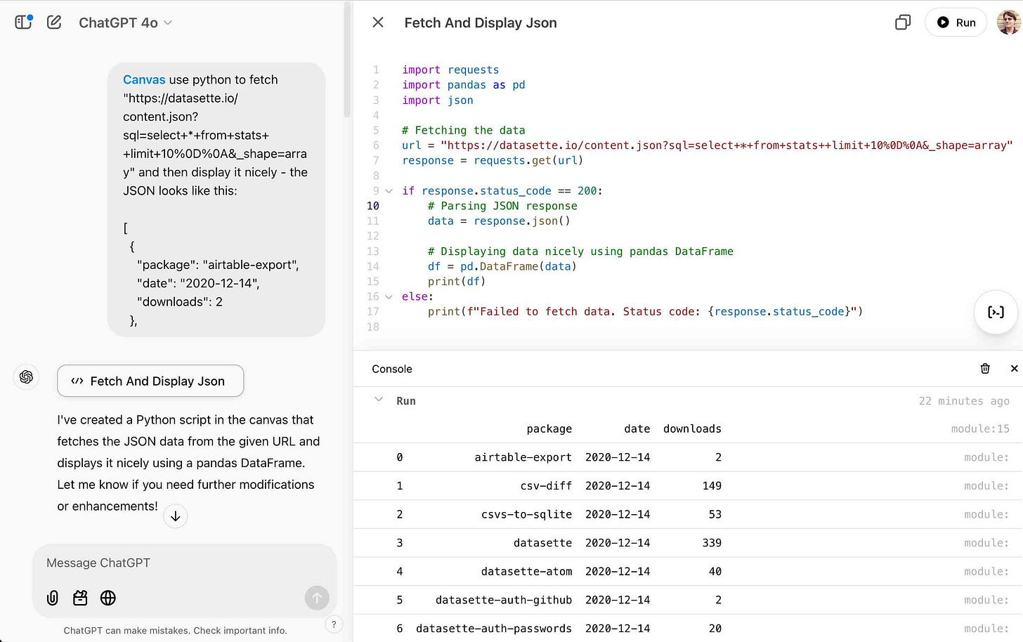 Two columns. On the left is my chat with my prompt. On the right Python code, with a table below showing the results of the API call.