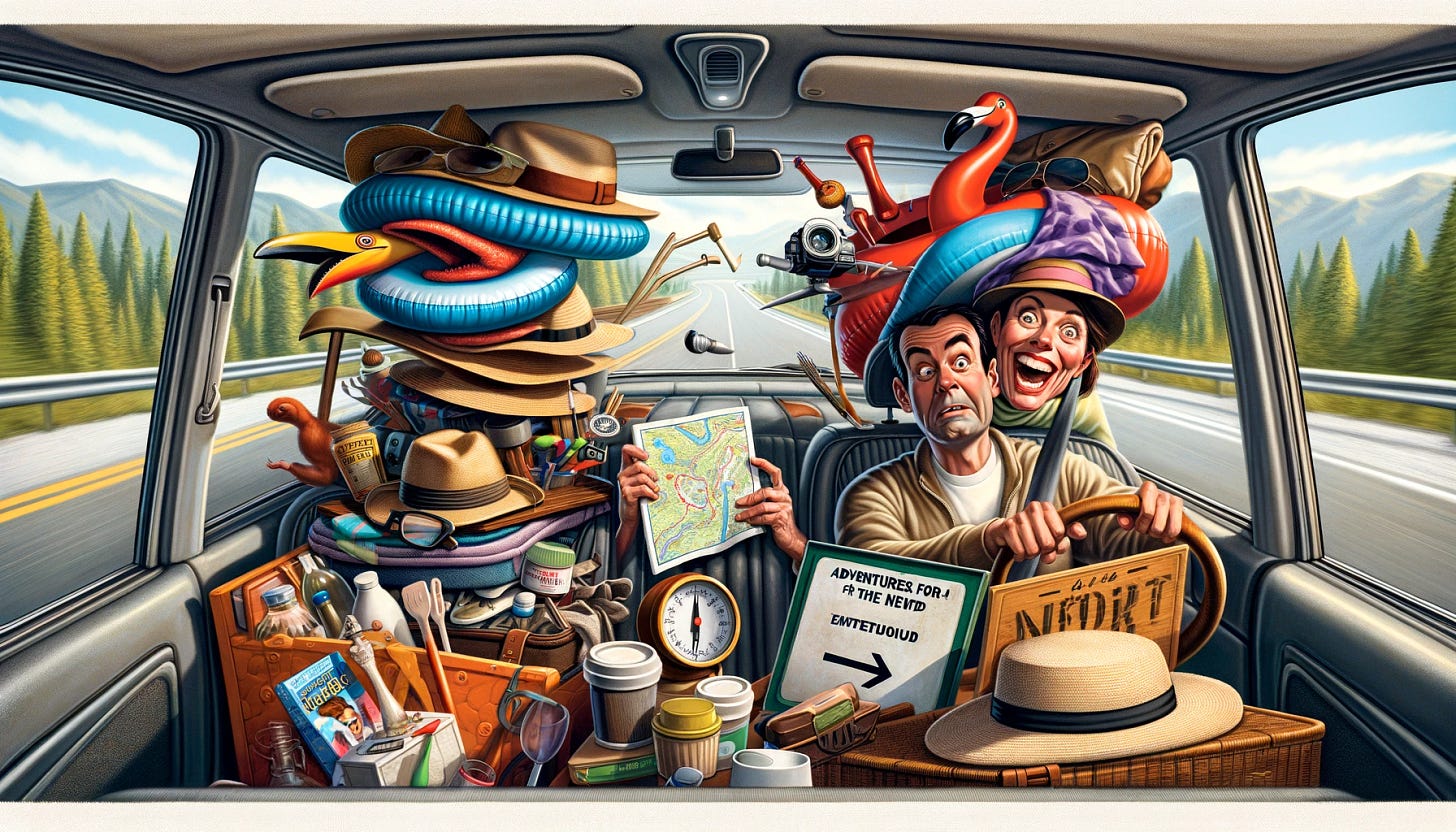 Create a humorous image depicting a couple driving to their weekend getaway. The scene is inside the car, viewed from the side. The driver, looking slightly bewildered, is holding a map upside down, while their partner, in the passenger seat, is laughing, holding a compass and a travel guide titled 'Adventures for the Forgetful.' The backseat is overflowing with absurd items for a weekend trip, including an inflatable pool flamingo, a life-sized cardboard cutout of Elvis, and several hats piled atop one another. The car is driving down a scenic road, but there's a sign pointing in the opposite direction to their intended destination. The image is rectangular, capturing the fun and chaos of preparing for a weekend getaway with ADHD.
