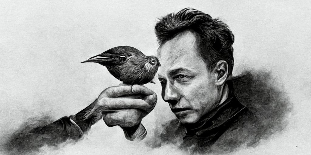 Desenho a lápis de Elon Musk segurando um passarinho. Gerado por inteligência artificial.