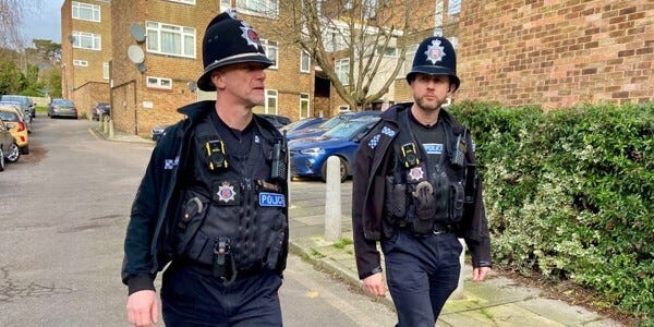 Two officers patrolling in Railway Square in Brentwood