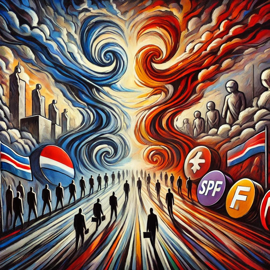 An abstract painting with bold, swirling brushstrokes and vibrant, contrasting colors. The central scene depicts the mobilization of non-voters, symbolized by dynamic figures moving towards ballot boxes, representing the effort of different political parties to engage them. The background features fragmented symbols of the ÖVP, SPÖ, and FPÖ, with pathways leading from them to the non-voters. The dramatic sky suggests an intense, emotional atmosphere, reflecting the high stakes and strategic efforts in the political landscape.